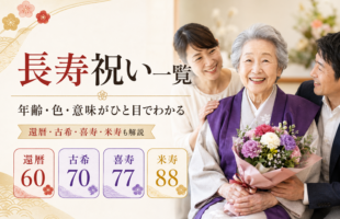 長寿祝いの年齢・色・意味を一覧で紹介する、家族でお祝いする様子のブログサムネイル